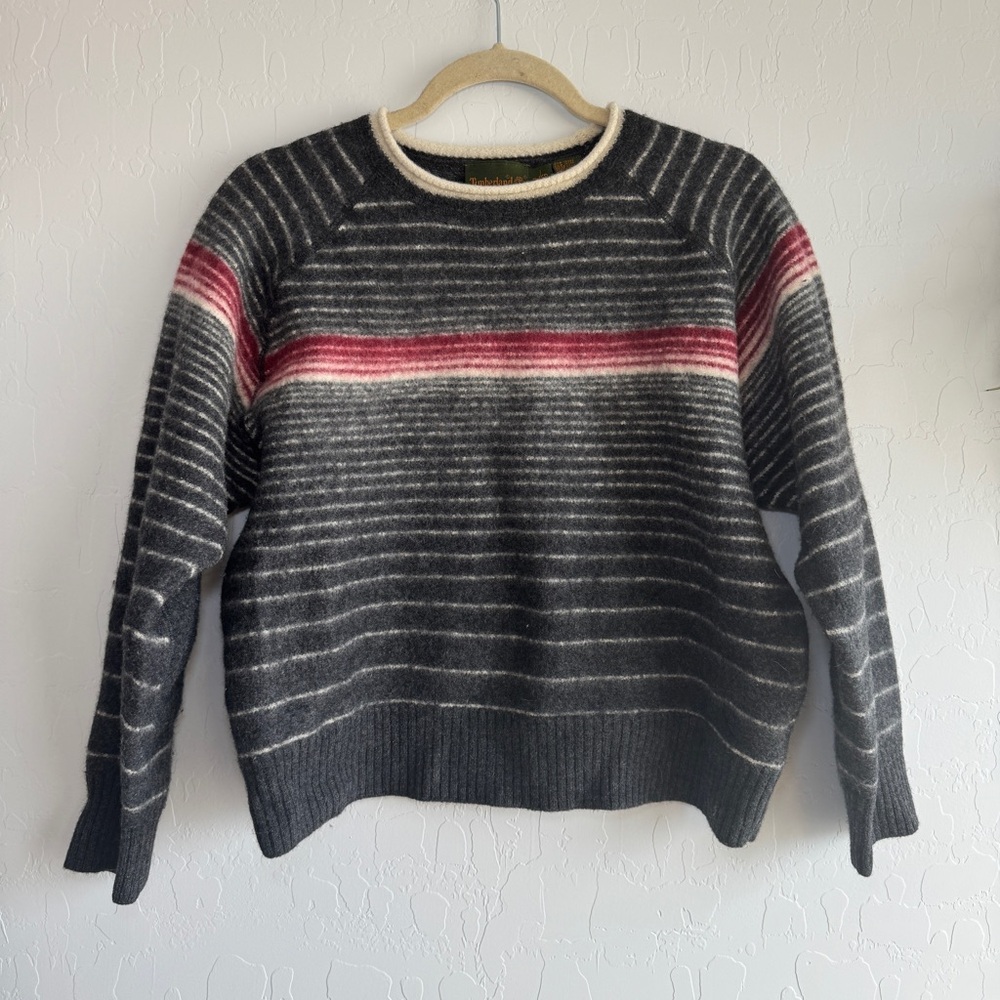 Vintage Timberland Weathergear Sweater XL Merino Wool Cotton Striped Grey 90s